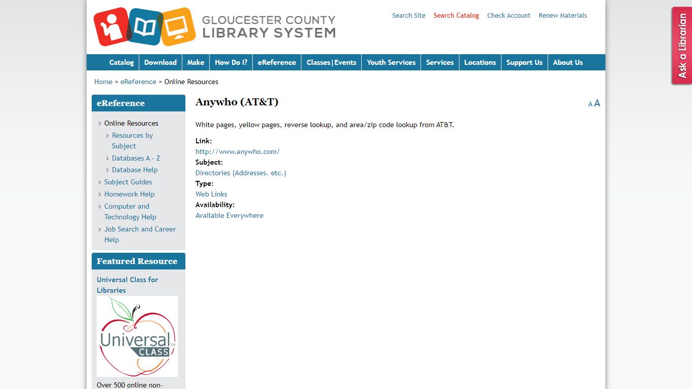 Anywho (AT&T) | Gloucester County Library System - GCLS
